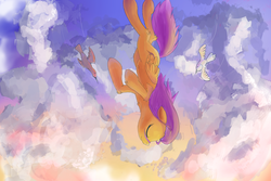 Size: 1500x1000 | Tagged: safe, artist:qweeli, scootaloo, bird, pegasus, pony, g4, animal, cloud, cloudy, falling, female, solo