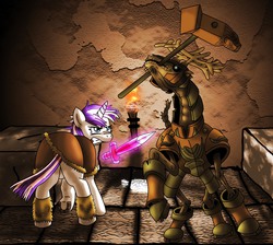 Size: 2013x1800 | Tagged: safe, artist:infinityvoid, twilight velvet, deer, pony, unicorn, g4, armor, fanfic art, fight, glowing eyes, gritted teeth, hammer, horseshoes, magic, messy mane, skeleton, sword, telekinesis