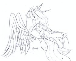 Size: 1671x1332 | Tagged: safe, artist:tarreth, princess celestia, twilight sparkle, g4, female, lesbian, momlestia, monochrome, ship:twilestia, shipping