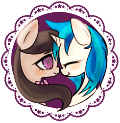 Size: 587x600 | Tagged: safe, artist:lessue, dj pon-3, octavia melody, vinyl scratch, g4, blushing, eyes closed, female, lesbian, pixiv, ship:scratchtavia, shipping