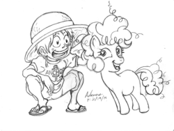 Size: 900x675 | Tagged: safe, artist:irie-mangastudios, pinkie pie, g4, child, crossover, filly, monkey d. luffy, monochrome, one piece, pencil drawing, smiling