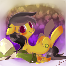Size: 650x650 | Tagged: safe, artist:lessue, daring do, pony, g4, blushing, clothes, female, on back, pixiv, solo, tongue out, undressing