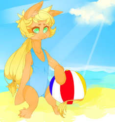 Size: 779x829 | Tagged: safe, artist:oliviaandedd, applejack, g4, ball, beach, chest fluff, clothes, ear fluff, female, leonine tail, one-piece swimsuit, sitting, solo, swimsuit, wat