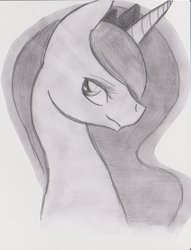 Size: 780x1023 | Tagged: safe, artist:spellchecks, princess luna, alicorn, pony, g4, black and white, bust, female, grayscale, horn, jewelry, mare, monochrome, portrait, profile, regalia, solo, tiara, traditional art