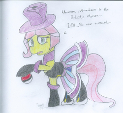 Size: 1395x1285 | Tagged: safe, artist:applefan-wyatt, fluttershy, g4, battle mansion, clothes, crossover, evelyn, female, pokémon, solo, traditional art