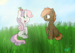 Size: 1024x731 | Tagged: safe, artist:jayivee, button mash, sweetie belle, earth pony, unicorn, g4, :d, accessory swap, colt, female, filly, foal, grin, hat, horn, male, propeller hat, smiling, wink