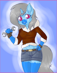 Size: 780x1000 | Tagged: safe, artist:dizzywaiter, oc, oc only, oc:roiling steam, unicorn, anthro, anthro oc, belly button, belt, clothes, hand on hip, midriff, shorts, solo, sweater, wrench