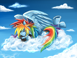 Size: 2048x1536 | Tagged: safe, artist:mimy92sonadow, rainbow dash, anthro, g4, cloud, cloudy, female, solo