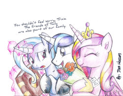 Size: 1024x798 | Tagged: safe, artist:jcosneverexisted, princess cadance, shining armor, trixie, g4, book, cute, dialogue, female, flower, male