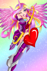Size: 1200x1800 | Tagged: safe, artist:viracon, princess cadance, human, g4, arrow, bow (weapon), bow and arrow, clothes, cupid, female, heart arrow, horn, horned humanization, humanized, light skin, necklace, one eye closed, princess of love, solo, weapon, winged humanization, wink