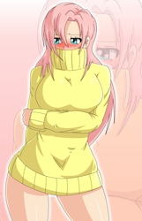 Size: 1000x1550 | Tagged: safe, artist:bocodamondo, fluttershy, human, g4, blushing, breasts, busty fluttershy, clothes, female, hiding, humanized, light skin, solo, sweater, sweatershy