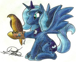 Size: 2309x1913 | Tagged: safe, artist:ghostsoldier, princess luna, bird, falcon, g4, falconry, female, s1 luna, signature, simple background, solo, traditional art, white background