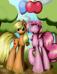 Size: 1275x1650 | Tagged: safe, artist:grennadder, applejack, pinkie pie, g4, balloon, big hooves, eyes closed, long legs, open mouth