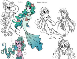 Size: 500x384 | Tagged: safe, artist:brenda hickey, idw, coralita, jewel, hippocampus, merpony, seapony (g4), g4, bubble, concept art, cute, female, fish tail, hoof shoes, jewelry, mare, monochrome, necklace, pearl necklace, redesign, seashell, simple background, smiling, solo, swimming, tail, underwater, water, what could have been, white background
