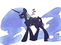 Size: 2500x1817 | Tagged: safe, artist:nobody, nightmare moon, oc, oc:anon, alicorn, pony, g4, carrying, giant pony, heightmare moon, humans riding ponies, looking back, macro, nicemare moon, riding, size difference, sleeping, smiling, walking, zzz