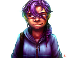 Size: 1600x1200 | Tagged: safe, artist:voyager, scootaloo, human, g4, bandaid, clothes, dark skin, earbuds, female, hoodie, humanized, moderate dark skin, smiling, solo, uncanny valley, zipper