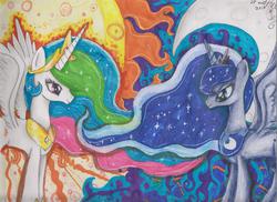 Size: 3496x2544 | Tagged: safe, artist:cute-paint, princess celestia, princess luna, g4, traditional art