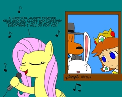 Size: 860x680 | Tagged: safe, artist:pheeph, fluttershy, g4, eyes closed, max (sam and max), microphone, princess daisy, sam (sam and max), sam and max, singing, super mario bros., super mario land