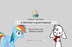 Size: 1023x676 | Tagged: safe, rainbow dash, omanyte, g4, consult the fossil, crack shipping, helix fossil, moridash, pokémon, shipping