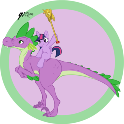 Size: 1500x1500 | Tagged: artist needed, source needed, safe, spike, twilight sparkle, alicorn, dinosaur, pony, g4, dinosaurified, duo, female, filly, filly twilight sparkle, foal, hoof hold, magnetic hooves, ponies riding dinosaurs, ponies riding dragons, riding, species swap, twilight scepter, twilight sparkle (alicorn), younger