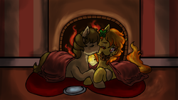 Size: 1280x720 | Tagged: safe, artist:dasnymth, spitfire, oc, oc:chocolate chips, earth pony, pegasus, pony, g4, blanket, canon x oc, clover, commission, cookie, cuddling, cute, eyes closed, female, firechips, fireplace, four leaf clover, hearts and hooves day, holding hooves, kissing, male, mare, mouth hold, one eye closed, prone, shipping, smiling, snuggling, stallion, straight, wink