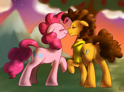 Size: 2001x1500 | Tagged: safe, artist:crade, cheese sandwich, pinkie pie, g4, blushing, boop, butt, cute, eyes closed, female, floppy ears, male, noseboop, plot, raised hoof, ship:cheesepie, shipping, smiling, standing, straight, sunset