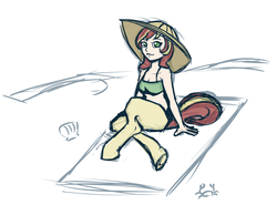 Size: 797x618 | Tagged: safe, artist:daily, oc, oc only, oc:eventide, satyr, beach, bikini, clothes, hat, looking at you, offspring, parent:sunset shimmer, sitting, smiling, solo, swimsuit