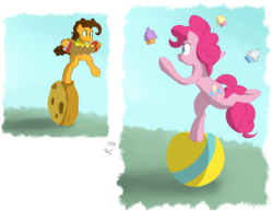 Size: 1100x850 | Tagged: safe, artist:blastdown, cheese sandwich, pinkie pie, earth pony, pony, g4, pinkie pride, accordion, balancing, ball, cheese wheel, cupcake, duo, female, juggling, looking at each other, looking at someone, male, mare, musical instrument, stallion, standing, standing on one leg