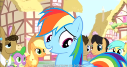 Size: 1152x609 | Tagged: safe, screencap, applejack, cherry cola, cherry fizzy, doctor whooves, matilda, rainbow dash, spike, sunshower raindrops, time turner, earth pony, pegasus, pony, g4, pinkie pride, female, male, mare, meme, stallion, youtube caption