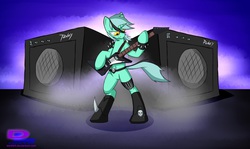 Size: 2506x1498 | Tagged: safe, artist:danli69, lyra heartstrings, pony, unicorn, g4, amplifier, bipedal, boots, bracelet, clothes, electric guitar, female, guitar, heavy metal, hoof boots, musical instrument, solo, speaker, spiked wristband, spikes