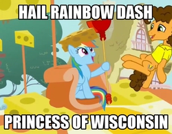 Size: 925x720 | Tagged: safe, edit, edited screencap, screencap, cheese sandwich, rainbow dash, earth pony, pegasus, pony, g4, pinkie pride, caption, cheese, cheese hat, cheese scepter, cheesehead, female, hat, image macro, male, mare, meme, open mouth, ponyville, princess, princess rainbow dash, sitting, smiling, stallion, throne, tree, weird al yankovic, wisconsin