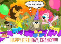 Size: 900x654 | Tagged: safe, artist:seriousdog, cheese sandwich, cranky doodle donkey, matilda, pinkie pie, donkey, earth pony, pony, g4, pinkie pride, balloon, birthday, birthday party, party, ship:crankilda, streamers