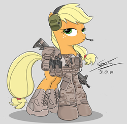 Size: 1200x1168 | Tagged: safe, artist:equestrianmarine, applejack, g4, camouflage, female, gun, headset, heckler and koch, hk416, military, military uniform, navy seal, rifle, soldier, solo, weapon
