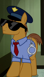 Size: 526x912 | Tagged: safe, edit, screencap, rivet, search warrant, g4, pinkie pride, clothes, cuffs, hat, necktie, police officer, police pony, service cap, shirt, solo