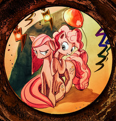 Size: 1280x1339 | Tagged: safe, artist:mozakiaeolus, pinkie pie, g4, balloon, crying, duality, female, mouth hold, pinkamena diane pie, self ponidox, solo