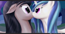Size: 1232x649 | Tagged: safe, artist:nsslayer, dj pon-3, octavia melody, vinyl scratch, earth pony, pony, unicorn, g4, duo, eye contact, female, floppy ears, kiss on the lips, kissing, lesbian, mare, ship:scratchtavia, shipping, wide eyes