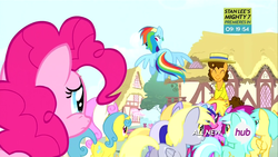 Size: 1280x720 | Tagged: safe, screencap, berry punch, berryshine, cheese sandwich, cherry berry, derpy hooves, lemon hearts, lyra heartstrings, minuette, pinkie pie, rainbow dash, sunshower raindrops, g4, pinkie pride, all new, animation error, flying, hub logo, stan lee's mighty 7, text