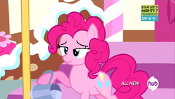 Size: 1280x720 | Tagged: safe, screencap, pinkie pie, g4, pinkie pride, female, scrunchy face, solo, stan lee's mighty 7