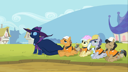 Size: 1366x768 | Tagged: safe, screencap, ambrosia, cindy block, jack hammer, mare do well, rivet, earth pony, pony, g4, the mysterious mare do well, construction pony, female, hard hat, male, mare, safety vest, stallion