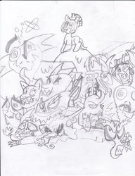 Size: 783x1021 | Tagged: safe, artist:toon-n-crossover, ahuizotl, big boy the cloud gremlin, discord, garble, iron will, larry, rover, runt the cloud gremlin, shadowfright, changeling, cloud gremlins, diamond dog, dragon, hydra, nightmare forces, timber wolf, g4, fanart, gift art, michael morones, monochrome, multiple heads, triumphant