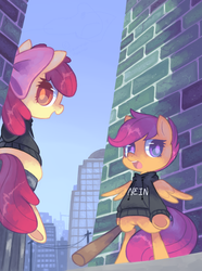 Size: 757x1017 | Tagged: dead source, safe, artist:astrofiziks, apple bloom, scootaloo, earth pony, pegasus, pony, g4, baseball bat, bipedal, city, cityscape, clothes, female, filly, foal, hoodie