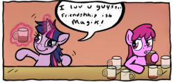 Size: 1600x757 | Tagged: safe, artist:thecheeseburger, berry punch, berryshine, twilight sparkle, g4, alcohol, beer, cropped, drunk, drunk twilight, duo, reddened eyes