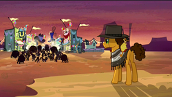 Size: 1920x1080 | Tagged: safe, boneless, cheese sandwich, bison, buffalo, earth pony, pony, g4, my little pony: friendship is magic, pinkie pride, appleloosa, the man with no name, the pony with no name
