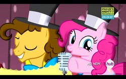 Size: 1280x800 | Tagged: safe, cheese sandwich, pinkie pie, earth pony, pony, g4, pinkie pride, duo, female, hat, male, mare, microphone, pointing, singing, smiling, stallion, top hat