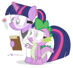 Size: 675x630 | Tagged: safe, artist:dm29, spike, twilight sparkle, alicorn, pony, g4, alternate hairstyle, clothes, duo, female, lab coat, mare, ponytail, safety goggles, science, simple background, stopwatch, test tube, transparent background, twilight sparkle (alicorn)