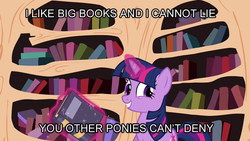 Size: 700x394 | Tagged: safe, artist:shadesmaclean, twilight sparkle, g4, baby got back, book, caption, female, golden oaks library, image macro, library, sir mix-a-lot, smiling, solo, song reference, that pony sure does love books