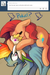 Size: 659x1000 | Tagged: dead source, safe, artist:dhui, pinkie pie, rainbow dash, surprise, g4, eyes closed, female, open mouth, pinkie pie riding rainbow dash, plushie, ponies riding ponies, riding, sleeping, spread wings, surprised, tired pie, tumblr, wide eyes