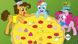 Size: 660x371 | Tagged: safe, screencap, cheese sandwich, pinkie pie, rainbow dash, earth pony, pegasus, pony, g4, pinkie pride, season 4, animated, bowtie, cupcake, cute, dashabetes, diacheeses, diapinkes, digestion without weight gain, eating, female, food, giant food, gif, hammerspace belly, hat, herbivore, hub logo, hubble, male, mare, nom, pac-dash, pac-man, pac-mare, pizza, size difference, stallion, stuffing, that pony sure does love pizza, the hub, this will end in weight gain, tomato, top hat, trio