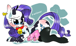 Size: 1269x777 | Tagged: safe, artist:kyubi, rarity, cow, g4, bell, bell collar, clothes, cloven hooves, collar, cowbell, cowified, ear tag, female, horn, incorrect leg anatomy, raricow, socks, solo, species swap, stockings, teary eyes, thigh highs, udder