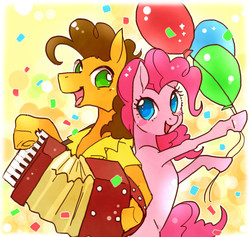 Size: 600x569 | Tagged: safe, artist:pasikon, cheese sandwich, pinkie pie, earth pony, pony, g4, pinkie pride, accordion, balloon, confetti, duo, female, hoof hold, male, musical instrument, raised hoof, ship:cheesepie, shipping, straight